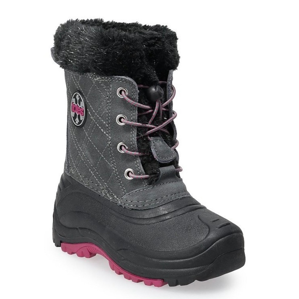 Totes Harper Mid Girls Waterproof Winter Boots Grey Pink Faux Fur Size 13 NEW